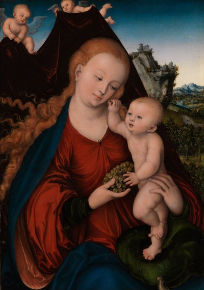 Duits: Maria mit dem Kind und der Weintraube Madonna en kind met druiven door Lucas Cranach the Elder