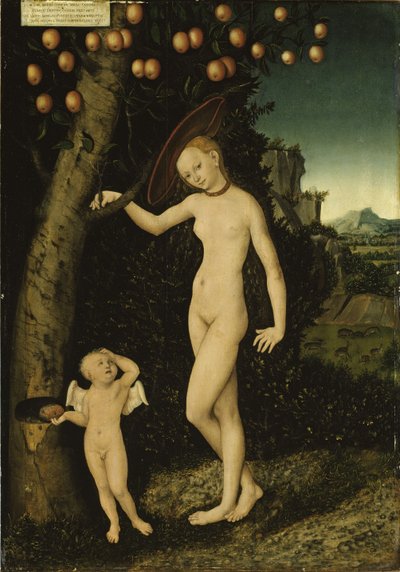 Duits: Venus mit Amor als Honigdieb Venus en Cupido als Honingdief door Lucas Cranach the Elder