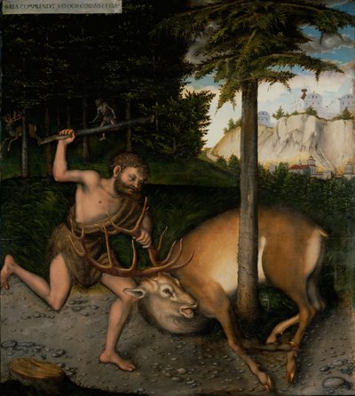 Hercules vangt de Ceryneïsche hinde uit De werken van Hercules door Lucas Cranach the Elder