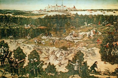 Jacht ter ere van keizer Karel V bij kasteel Hartenfels, Torgau, 1544 door Lucas Cranach the Elder
