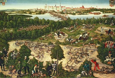 Jacht ter Ere van Keizer Karel V bij Kasteel Hartenfels, Torgau, 1544 door Lucas Cranach the Elder