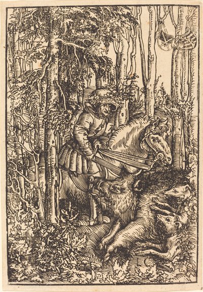 Jager te paard die een wild zwijn jaagt door Lucas Cranach the Elder