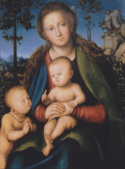 Madonna met Kind en Sint Johannes door Lucas Cranach the Elder
