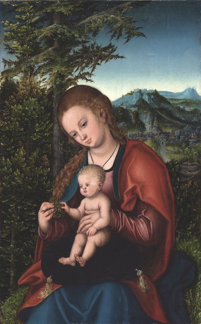 Madonna en kind in een landschap door Lucas Cranach the Elder
