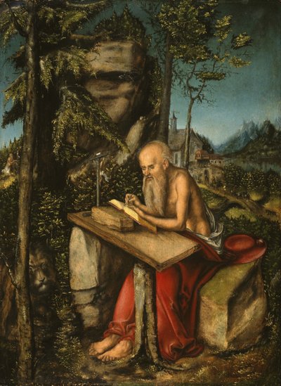 Sint Hiëronymus in een rotsachtig landschap door Lucas Cranach the Elder