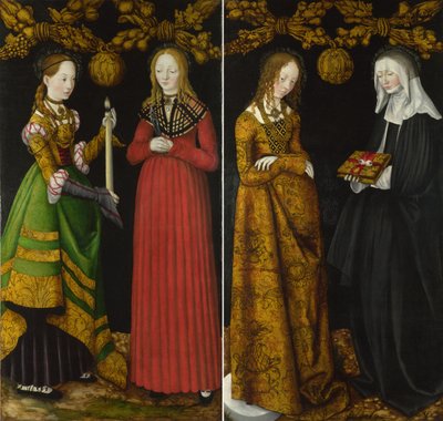 De heiligen Genevieve en Apollonia en de heiligen Christina en Ottilia door Lucas Cranach the Elder