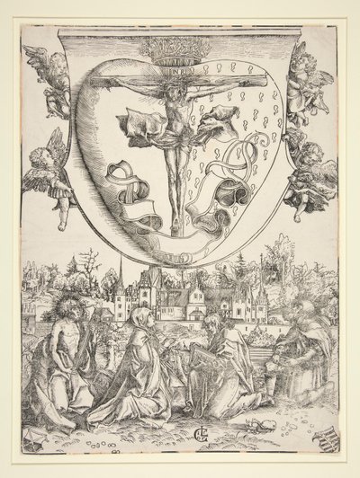 De Maagd, Sint Jan, Sint Laurentius en Sint Rochus met de wapens van het Heilig Hart door Lucas Cranach the Elder