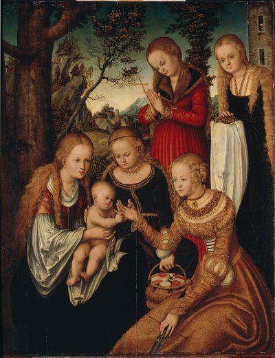 De Maagd en Kind met Heiligen Catharina, Dorothea, Margaretha en Barbara (zogenaamde Huwelijk van St.) door Lucas Cranach the Elder
