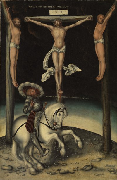 De centurio Longinus tussen de kruisen van Christus en de twee dieven, 1539 door Lucas Cranach the Elder