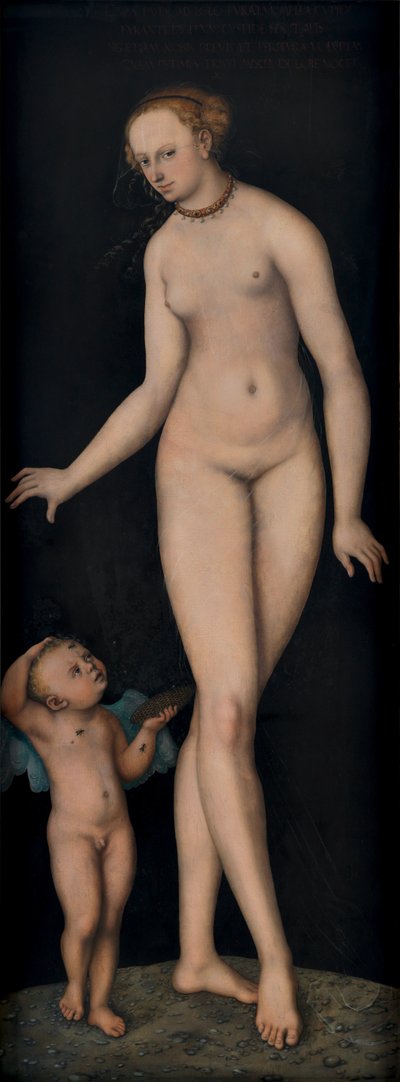 Venus met Amor als honingdief voor zwarte achtergrond door Lucas Cranach the Elder