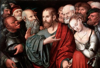 Christus en de overspelige vrouw, na 1532 door Lucas Cranach the Younger