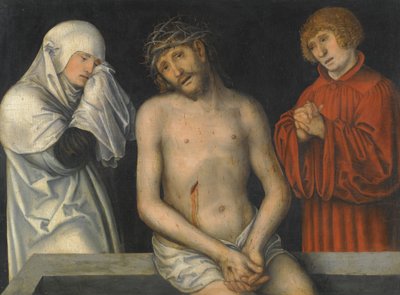 Duits: Der Schmerzensmann zwischen Maria und Johannes Man van Smarten geflankeerd door de Maagd en Johannes door Lucas Cranach the Younger
