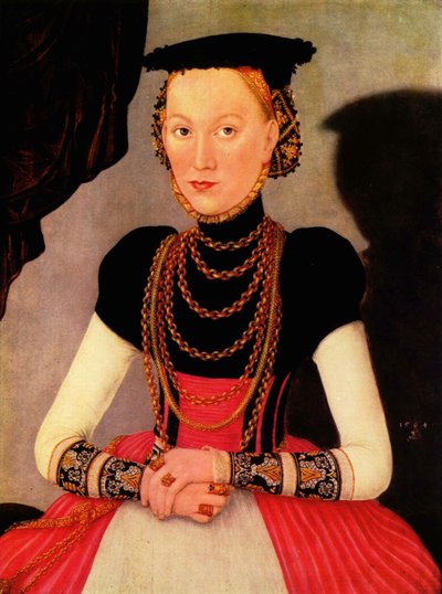 Duits: Weibliches Bildnis / Bildnis einer Frau (eine geborene Hoffmann aus Leipzig) Vrouwenportret / Portret van een vrouw (een geboren Hoffmann uit Leipzig) door Lucas Cranach the Younger