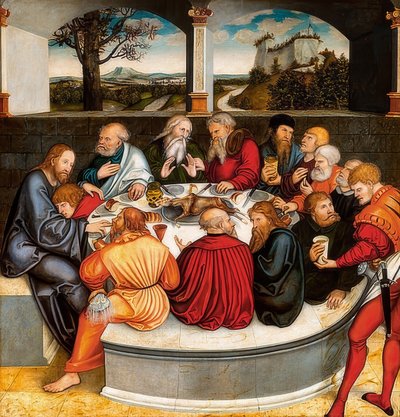 Reformatie-altaar, middenpaneel van de voorzijde: Martin Luther onder de apostelen tijdens het avondmaal. 1546/47 door Lucas Cranach the Younger