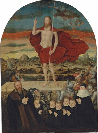 De herrezen Christus met een donorgezin door Lucas Cranach the Younger