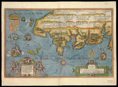 Kaart van de kust van Engeland met de zee versierd met schepen en monster door Lucas Janszoon Waghenaer