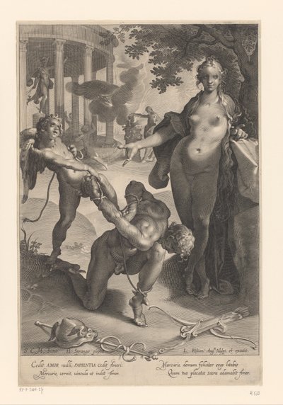 Cupido bindt Mercurius vast en Venus kijkt toe door Lucas Kilian
