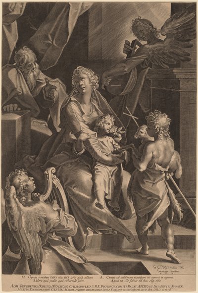 De Heilige Familie en twee engelen door Lucas Kilian, after Bartholomaeus Spranger
