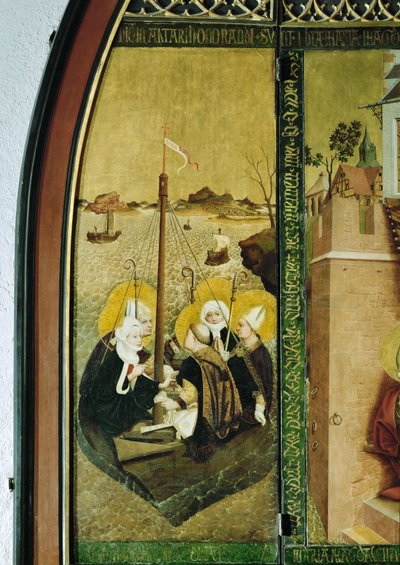 Reis van de heilige Lazarus en de heiligen Magdalena en Maria ... (tempera op perkament) door Lucas Moser