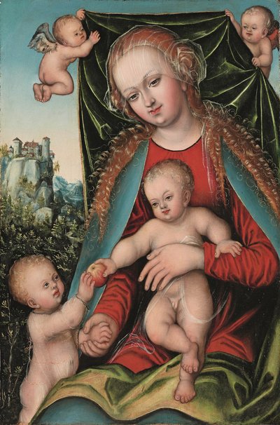 De Heilige Maagd en Kind met de Jonge Johannes de Doper en Engelen, een boslandschap met een klif fort op de achtergrond, c.1512 door Lucas The Elder (studio of) Cranach