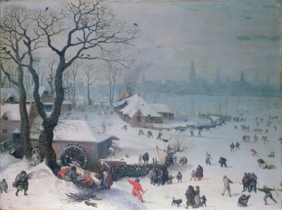 Winterlandschap met sneeuwval bij Antwerpen door Lucas Valckenborch van