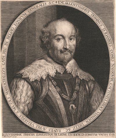Excellentissimus Dominus, D. Joannes, Graaf van Nassau, Cattinelli Boci, vianden Dietz & c. Ridder van het Gouden Vlies. S.Ma. Cæs. Mareschallus Cath. Reg. in België Generaal van de Ruiterij & c. door Lucas Vorsterman