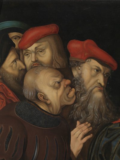 Christus en de Vrouw Betrapt op Overspel (detail) door Lucas the Elder (after) Cranach