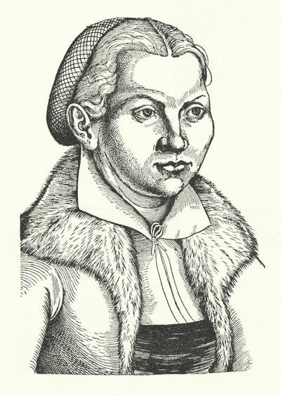 Katharina von Bora, vrouw van de Duitse protestantse hervormer Maarten Luther (gravure) door Lucas the Elder (after) Cranach