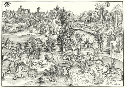 Hertenjacht in een hertenpark of landschap door Lucas the Elder (after) Cranach