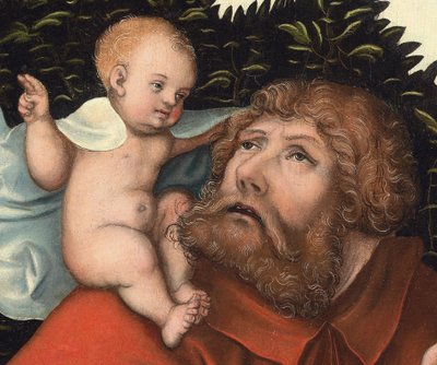 Sint Christoffel die het Christuskind draagt (detail) door Lucas the Elder (workshop of) Cranach