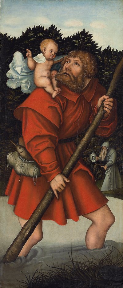 Sint Christoffel die het Christuskind draagt; en De Aartsengel Michaël die de Weegschaal van Gerechtigheid vasthoudt door Lucas the Elder (workshop of) Cranach