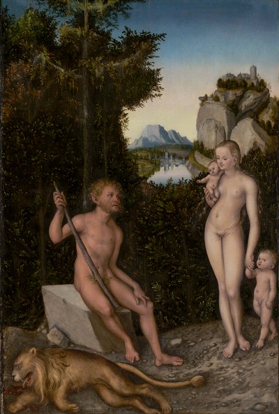 Een faun en zijn familie met een gedode leeuw door Lucas the Elder Cranach