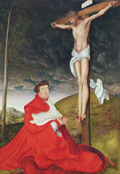 Albert, Kardinaal Keurvorst van Mainz aan de voet van het Kruis door Lucas the Elder Cranach