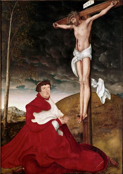 Kardinaal Albert von Brandenburg aanbidt het kruis door Lucas the Elder Cranach