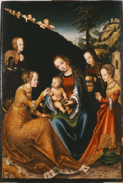 Het mystieke huwelijk van Sint-Catharina van Alexandrië met de heiligen Dorothea, Margaretha en Barbara door Lucas the Elder Cranach