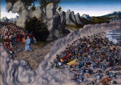 De oversteek van de Rode Zee (Het leger van de farao verdrinkt) door Lucas the Elder Cranach
