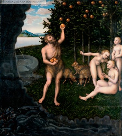 De werken van Hercules: Hercules steelt de appels uit de tuin van de Hesperiden door Lucas the Elder Cranach