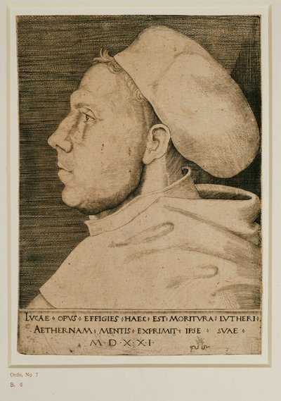 Maarten Luther met dokterspet. Gravure ... (gravure) door Lucas the Elder Cranach