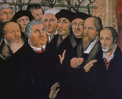 Maarten Luther met vertegenwoordigers van de protestantse reformatie, rechts Melanchthon, in het midden Erasmus van Rotterdam, detail van de Opstanding van Lazarus, schilderij door Lucas Cranach de Oude door Lucas the Elder Cranach