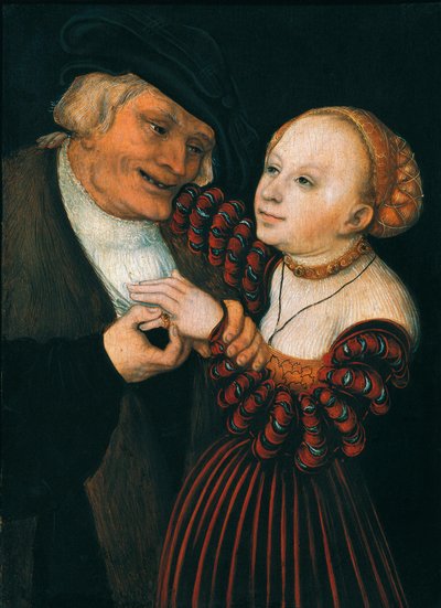 De oude man en de jonge vrouw (Der Alte und das Madchen), c.1530 door Lucas the Elder Cranach