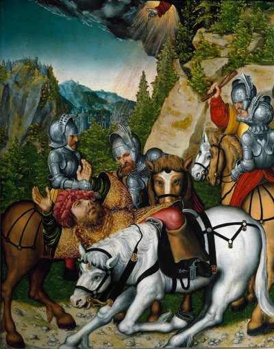De val van Saul of de bekering van St. Paulus op de weg naar Damascus door Lucas the Younger Cranach