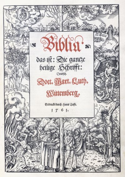 Titelpagina, met een fijne picturale rand uit "Biblia, das ist: Die gantze heilige Schrifft: Deudsch", vertaald door Martin Luther, 1560-1561 door Lucas the Younger Cranach