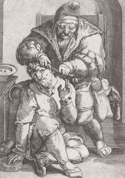 17e-eeuwse barbier-chirurg die het oor van een patiënt behandelt door Lucas van (after) Leyden