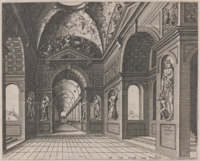 Interieur van een Kruisgewelfde Hal Versierd met Grotesken door Lucas van Doetechum and Johannes