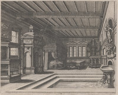 Interieur met Buffet, Ingangsportaal en Hemelbed door Lucas van Doetechum and Johannes