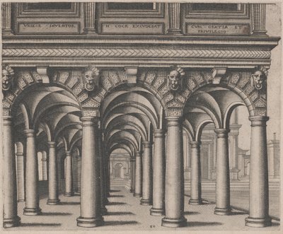 Open Hal Ondersteund door Toscaanse Zuilen met een Plein aan de Rechterkant door Lucas van Doetechum and Johannes