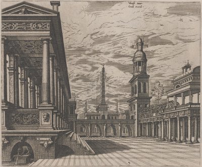 Stadsplein met een zuilengang links door Lucas van Doetechum and Johannes
