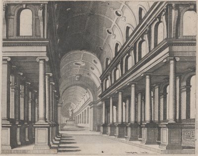 Uitzicht in een Kerk met Ionische Zuilen en een Koor met een Standbeeld door Lucas van Doetechum and Johannes
