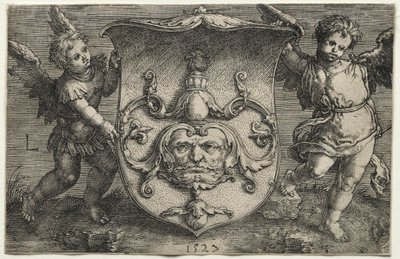Een Schild met een Masker Ondersteund door Twee Genii door Lucas van Leyden