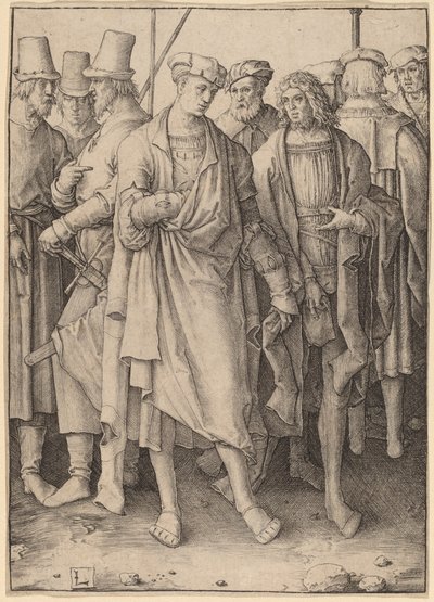 Een jonge man met acht gewapende mannen door Lucas van Leyden